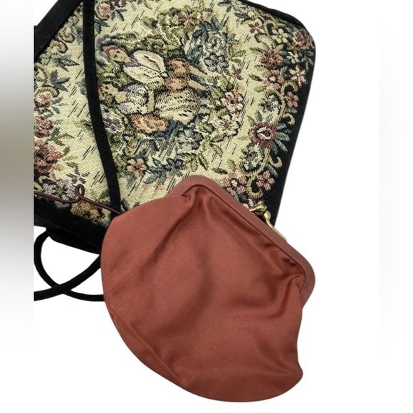 Vintage Tapestry Handbag Double Black Satin Handles Attached Satin Change Purse - Picture 5 of 11